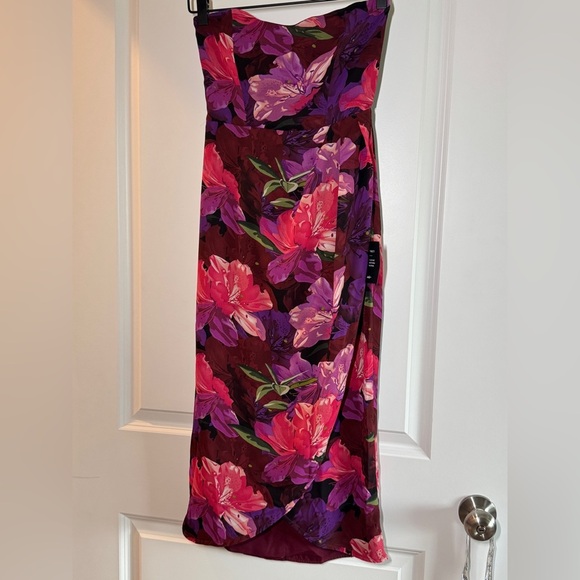 Lulus Burgundy Multi Floral Strapless Tulip Midi Dress - Picture 7 of 16